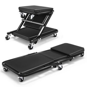 Foldable Z-Creeper 2-in-1 Rolling Creeper Seat, Mechanic Garage Under Car Repair Tool, 330 lbs Capacity, Full Black