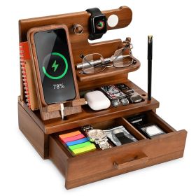 Wood Phone Docking Station with Drawer Nightstand Organizer Desk Organizer for Husband Birthday Gifts for Men or Dad Anniversary Idea Key Holder