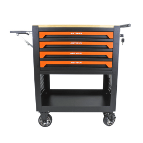 4 DRAWERS MULTIFUNCTIONAL TOOL CART WITH WHEELS AND WOODEN TOP-ORANGE (Color: Orange)
